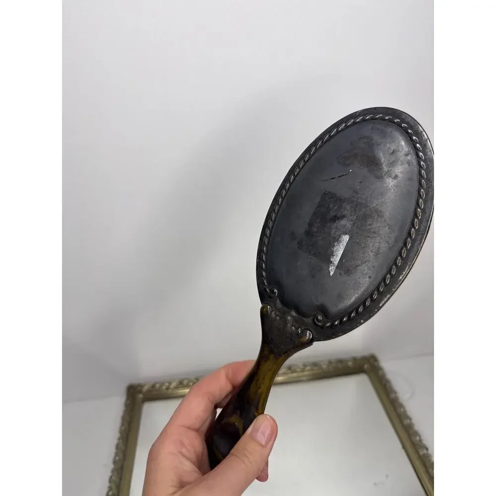 Antique Art Nouveau Hand Mirror Gold Tone
